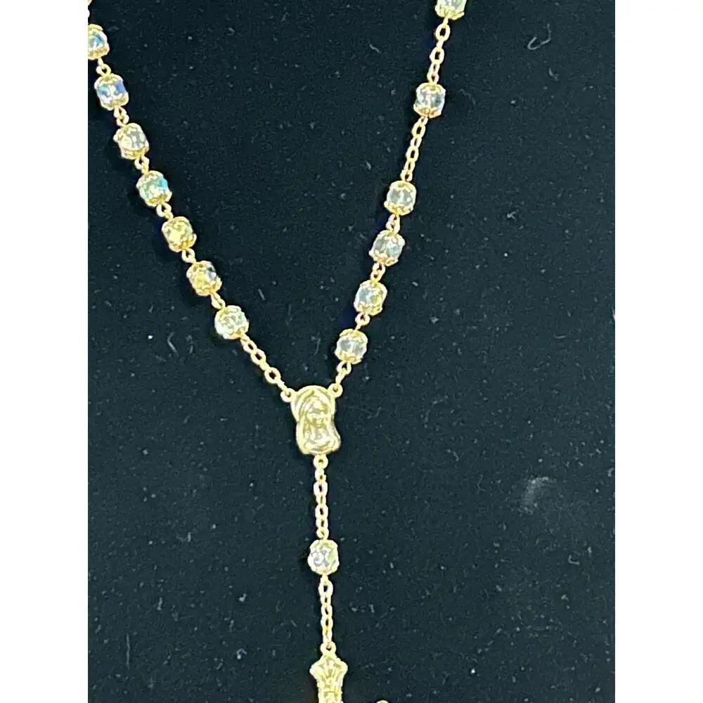 Gold Tone Crystal Bead Rosary Cross Pendant Necklace 26